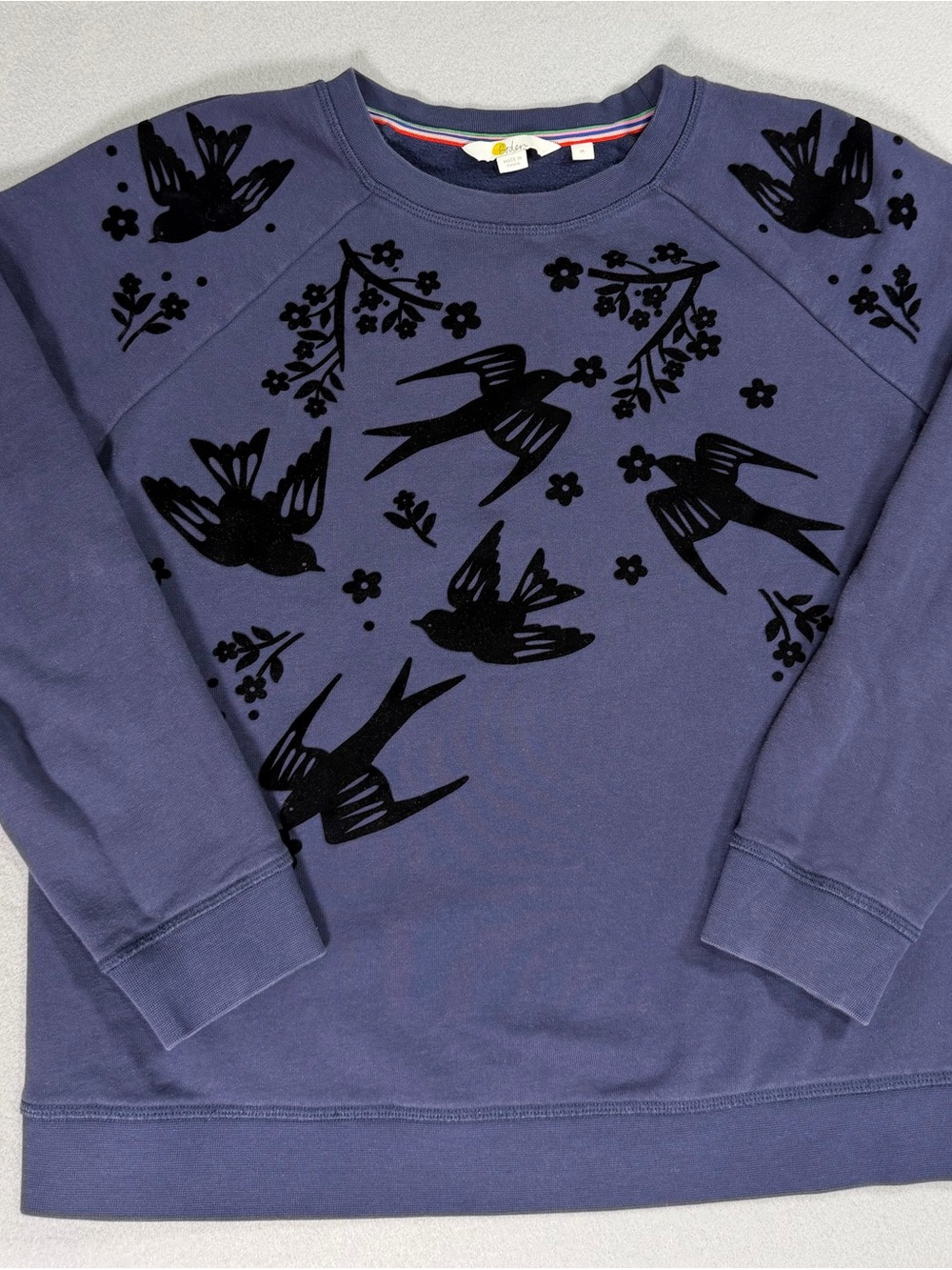 Boden Navy Crewneck Sweater with Black Bird Print